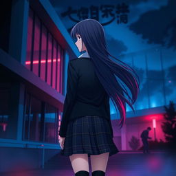 An anime-style Asian schoolgirl standing at a distance with her back facing the viewer, set against a modern school building characterized by sleek architecture and large glass windows