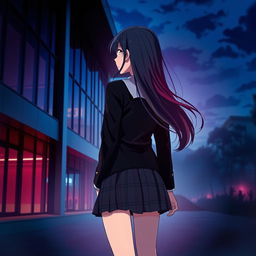 An anime-style Asian schoolgirl standing at a distance with her back facing the viewer, set against a modern school building characterized by sleek architecture and large glass windows