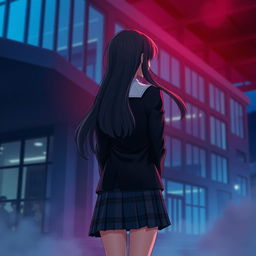 An anime-style Asian schoolgirl standing at a distance with her back facing the viewer, set against a modern school building characterized by sleek architecture and large glass windows