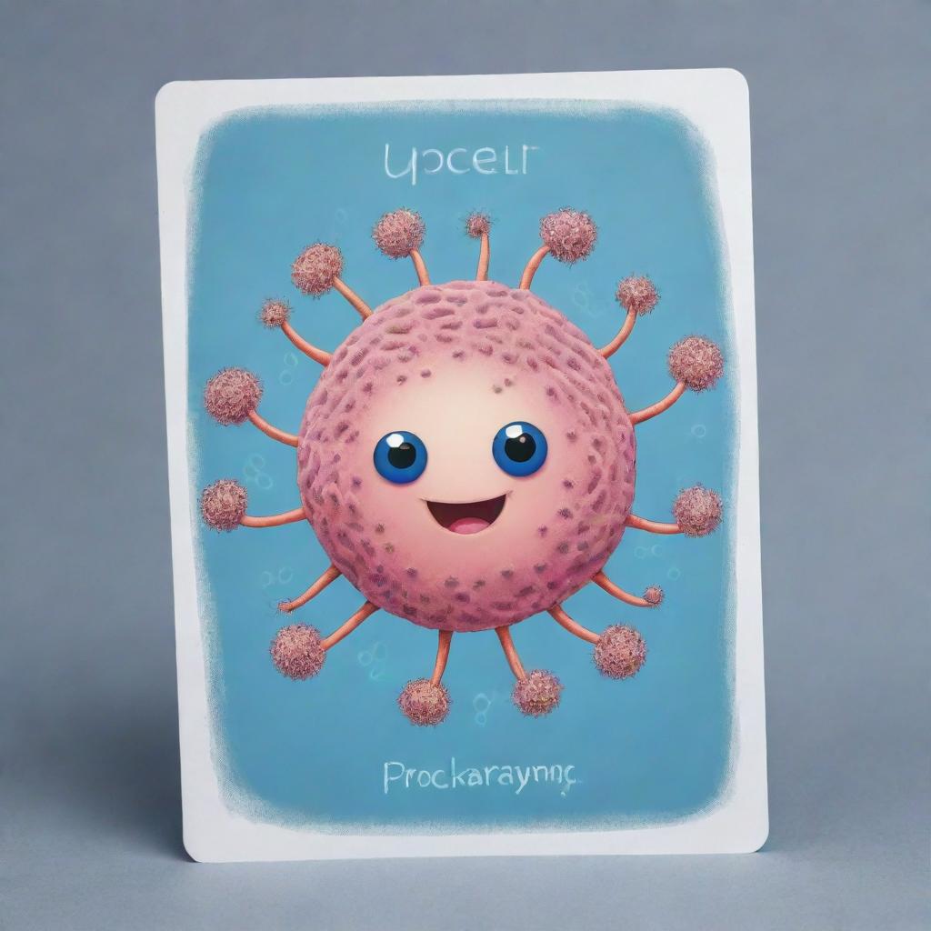 Create a charming 'Prokaryotic Mimicry' card, an 'upcell' type. Draw a delightful cell with a face demonstrating prokaryotic characteristics. The design should embody adaptability and resistance, indicatively making the cell immune to one destruction effect per turn.