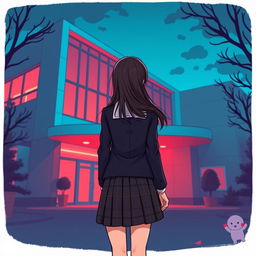 A cartoon-style depiction of an Asian schoolgirl standing at a distance with her back facing the viewer, positioned in front of a modern school building with a contemporary design featuring large windows and clean lines