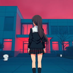 A cartoon-style depiction of an Asian schoolgirl standing at a distance with her back facing the viewer, positioned in front of a modern school building with a contemporary design featuring large windows and clean lines