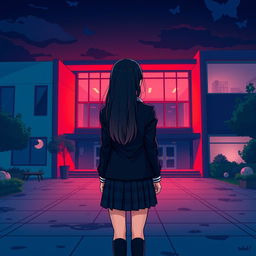 A cartoon-style depiction of an Asian schoolgirl standing at a distance with her back facing the viewer, positioned in front of a modern school building with a contemporary design featuring large windows and clean lines