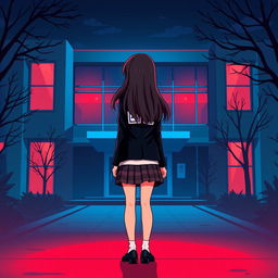 A cartoon-style depiction of an Asian schoolgirl standing at a distance with her back facing the viewer, positioned in front of a modern school building with a contemporary design featuring large windows and clean lines