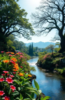 A stunning and serene landscape of Eastern Eden, showcasing lush greenery, vibrant flowering plants, and a tranquil river flowing through the scene