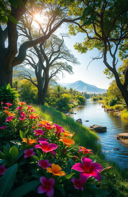 A stunning and serene landscape of Eastern Eden, showcasing lush greenery, vibrant flowering plants, and a tranquil river flowing through the scene