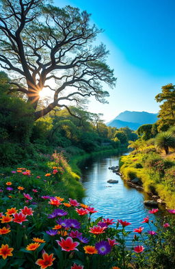 A stunning and serene landscape of Eastern Eden, showcasing lush greenery, vibrant flowering plants, and a tranquil river flowing through the scene