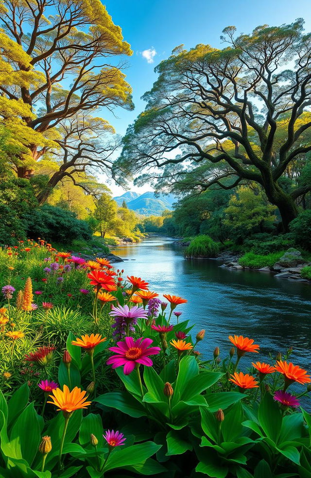 A stunning and serene landscape of Eastern Eden, showcasing lush greenery, vibrant flowering plants, and a tranquil river flowing through the scene