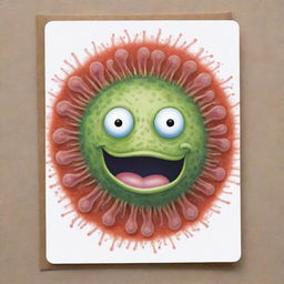 Create a charming 'Prokaryotic Mimicry' card, an 'upcell' type. Draw a delightful cell with a face demonstrating prokaryotic characteristics. The design should embody adaptability and resistance, indicatively making the cell immune to one destruction effect per turn.