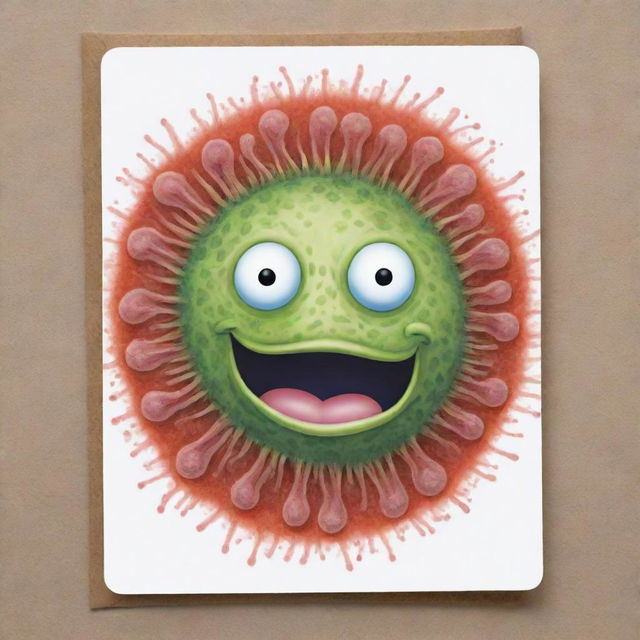 Create a charming 'Prokaryotic Mimicry' card, an 'upcell' type. Draw a delightful cell with a face demonstrating prokaryotic characteristics. The design should embody adaptability and resistance, indicatively making the cell immune to one destruction effect per turn.