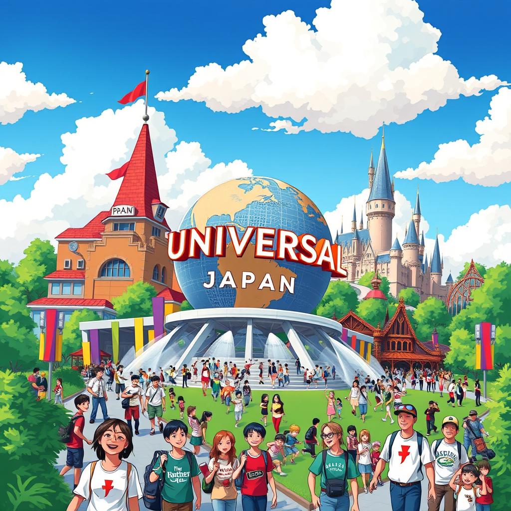 A vibrant and colorful illustration of Universal Studios Japan, showcasing iconic attractions like the giant globe at the entrance, Hogwarts Castle from the Wizarding World, and the thrilling rides