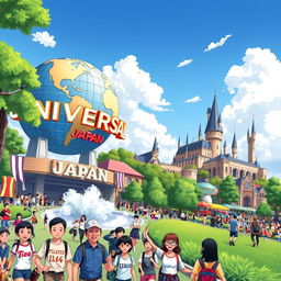 A vibrant and colorful illustration of Universal Studios Japan, showcasing iconic attractions like the giant globe at the entrance, Hogwarts Castle from the Wizarding World, and the thrilling rides