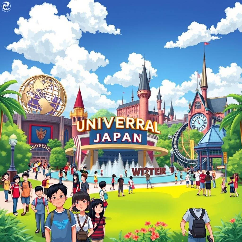 A vibrant and colorful illustration of Universal Studios Japan, showcasing iconic attractions like the giant globe at the entrance, Hogwarts Castle from the Wizarding World, and the thrilling rides