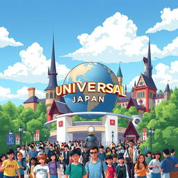 A vibrant and colorful illustration of Universal Studios Japan, showcasing iconic attractions like the giant globe at the entrance, Hogwarts Castle from the Wizarding World, and the thrilling rides