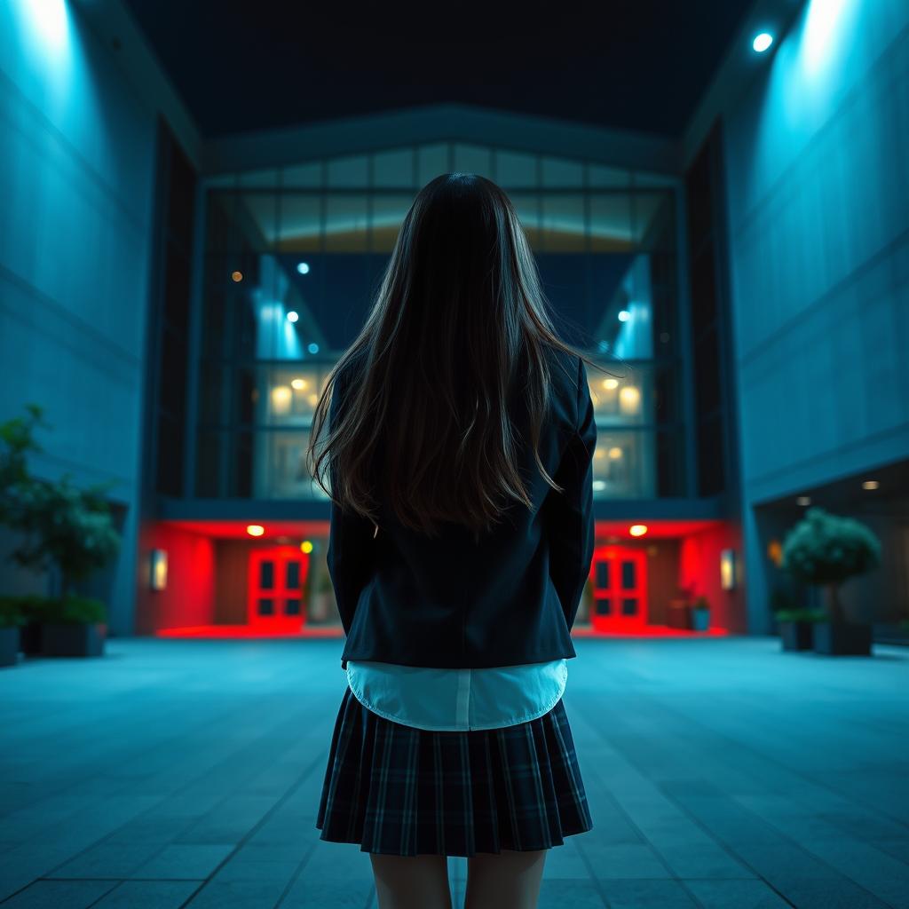 An Asian schoolgirl standing at a distance with her back facing the viewer, in front of a large modern school building that showcases contemporary architectural design with expansive glass panels and angular structures