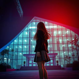 An Asian schoolgirl standing at a distance with her back facing the viewer, in front of a large modern school building that showcases contemporary architectural design with expansive glass panels and angular structures