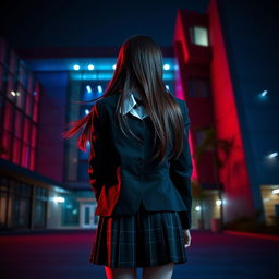 An Asian schoolgirl standing at a distance with her back facing the viewer, in front of a large modern school building that showcases contemporary architectural design with expansive glass panels and angular structures