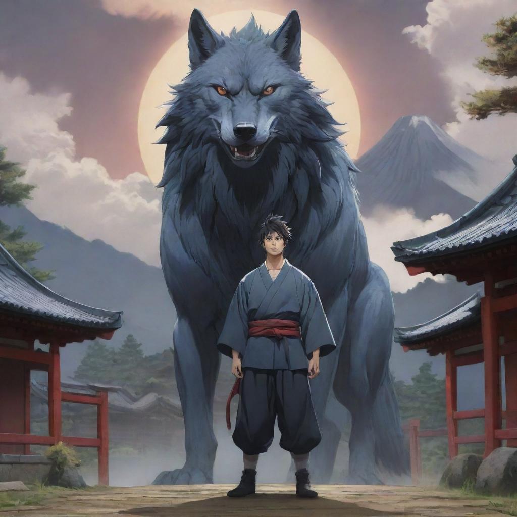 A solemn male anime character in Japanese style, standing as a symbol of leadership in a traditional village, with an imposing image of the mythical Fenrir wolf forming a powerful backdrop.