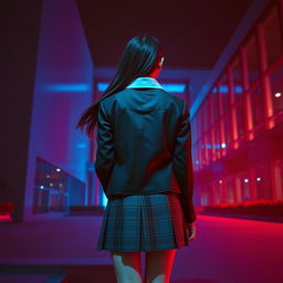 An Asian schoolgirl standing at a distance with her back facing the viewer, positioned in front of a large modern school building characterized by its sleek, contemporary design and expansive glass facades