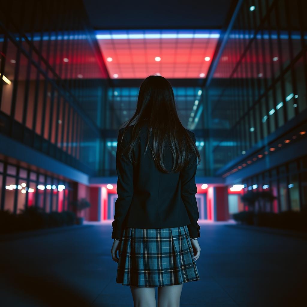 An Asian schoolgirl standing at a distance with her back facing the viewer, positioned in front of a large modern school building characterized by its sleek, contemporary design and expansive glass facades