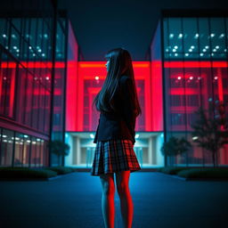 An Asian schoolgirl standing at a distance with her back facing the viewer, positioned in front of a large modern school building characterized by its sleek, contemporary design and expansive glass facades