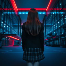 An Asian schoolgirl standing at a distance with her back facing the viewer, positioned in front of a large modern school building characterized by its sleek, contemporary design and expansive glass facades