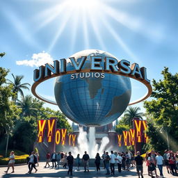 A stunning, high-resolution photograph of Universal Studios Japan, featuring the iconic entrance with the giant globe prominently displayed