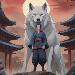 A solemn male anime character in Japanese style, standing as a symbol of leadership in a traditional village, with an imposing image of the mythical Fenrir wolf forming a powerful backdrop.