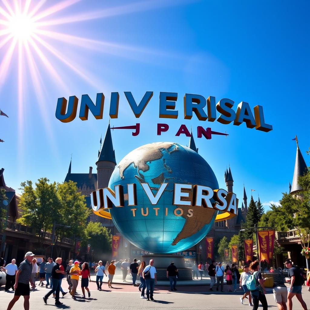 A stunning, high-resolution photograph of Universal Studios Japan, featuring the iconic entrance with the giant globe prominently displayed