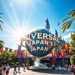 A stunning, high-resolution photograph of Universal Studios Japan, featuring the iconic entrance with the giant globe prominently displayed