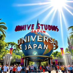 A stunning, high-resolution photograph of Universal Studios Japan, featuring the iconic entrance with the giant globe prominently displayed