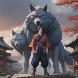 A solemn male anime character in Japanese style, standing as a symbol of leadership in a traditional village, with an imposing image of the mythical Fenrir wolf forming a powerful backdrop.