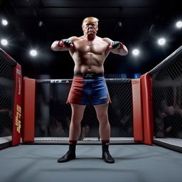 Re-imagine the earlier image of Donald Trump in a UFC debut with him specifically wearing Venum fighting shorts while standing assertively in the octagon.