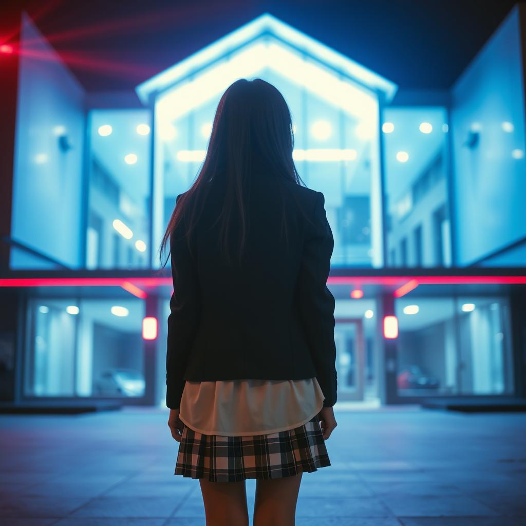 An Asian schoolgirl standing at a distance with her back facing the viewer, in front of a modern school building characterized by its sleek, contemporary architecture featuring large glass windows and geometric shapes