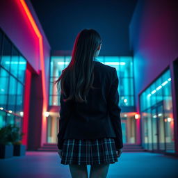 An Asian schoolgirl standing at a distance with her back facing the viewer, in front of a modern school building characterized by its sleek, contemporary architecture featuring large glass windows and geometric shapes