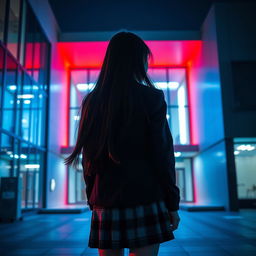 An Asian schoolgirl standing at a distance with her back facing the viewer, in front of a modern school building characterized by its sleek, contemporary architecture featuring large glass windows and geometric shapes