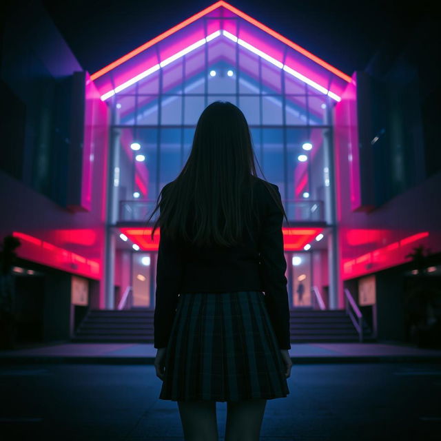 An Asian schoolgirl standing at a distance with her back facing the viewer, in front of a modern school building characterized by its sleek, contemporary architecture featuring large glass windows and geometric shapes