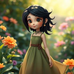 A female earth genasi with striking black hair styled elegantly, wearing a cute, nature-inspired dress that features shades of green and brown that mimic the textures of earth and foliage