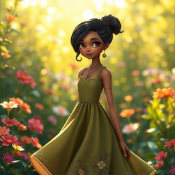 A female earth genasi with striking black hair styled elegantly, wearing a cute, nature-inspired dress that features shades of green and brown that mimic the textures of earth and foliage