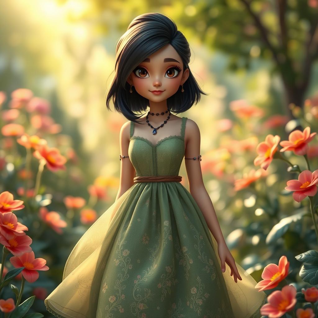 A female earth genasi with striking black hair styled elegantly, wearing a cute, nature-inspired dress that features shades of green and brown that mimic the textures of earth and foliage