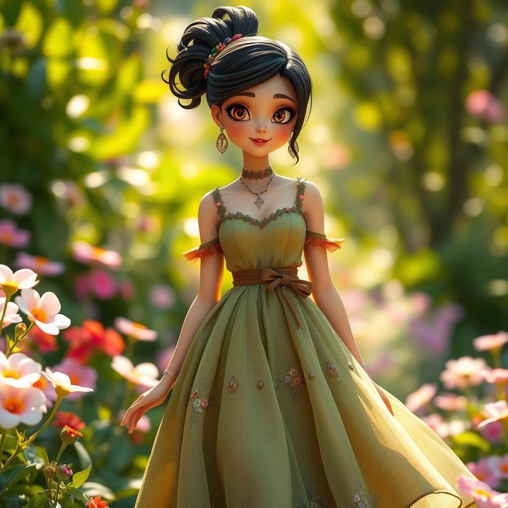 A female earth genasi with striking black hair styled elegantly, wearing a cute, nature-inspired dress that features shades of green and brown that mimic the textures of earth and foliage