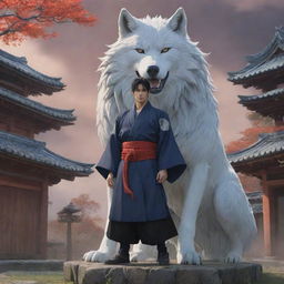 A solemn male anime character in Japanese style, standing as a symbol of leadership in a traditional village, with an imposing image of the mythical Fenrir wolf forming a powerful backdrop.