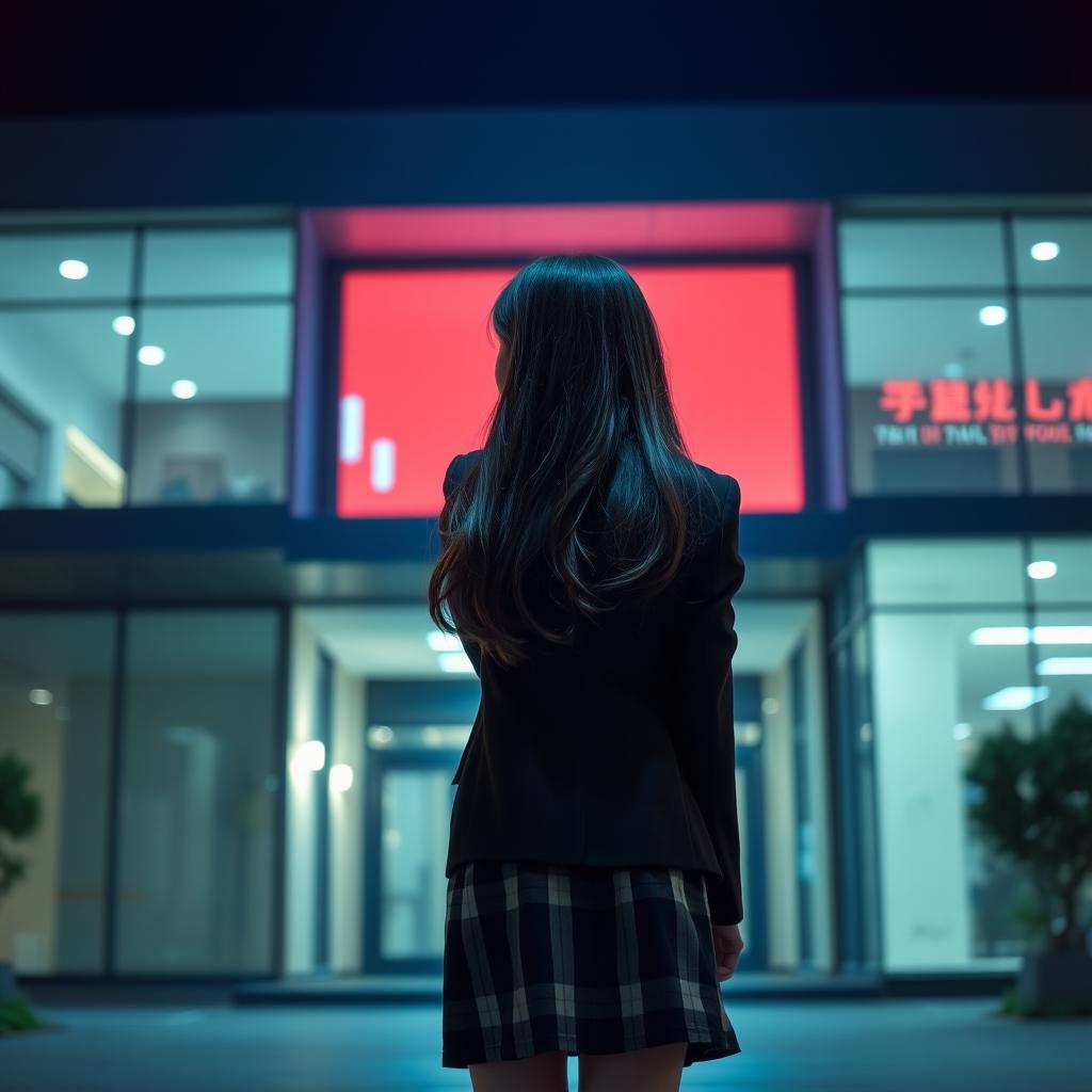 An Asian schoolgirl standing at a distance with her back facing the viewer, in front of a sleek and modern school building that features large glass windows and contemporary design elements typical of a K-drama setting