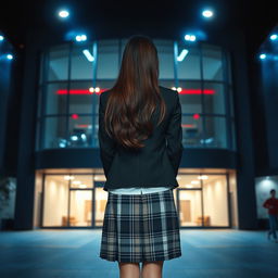 An Asian schoolgirl standing at a distance with her back facing the viewer, in front of a sleek and modern school building that features large glass windows and contemporary design elements typical of a K-drama setting