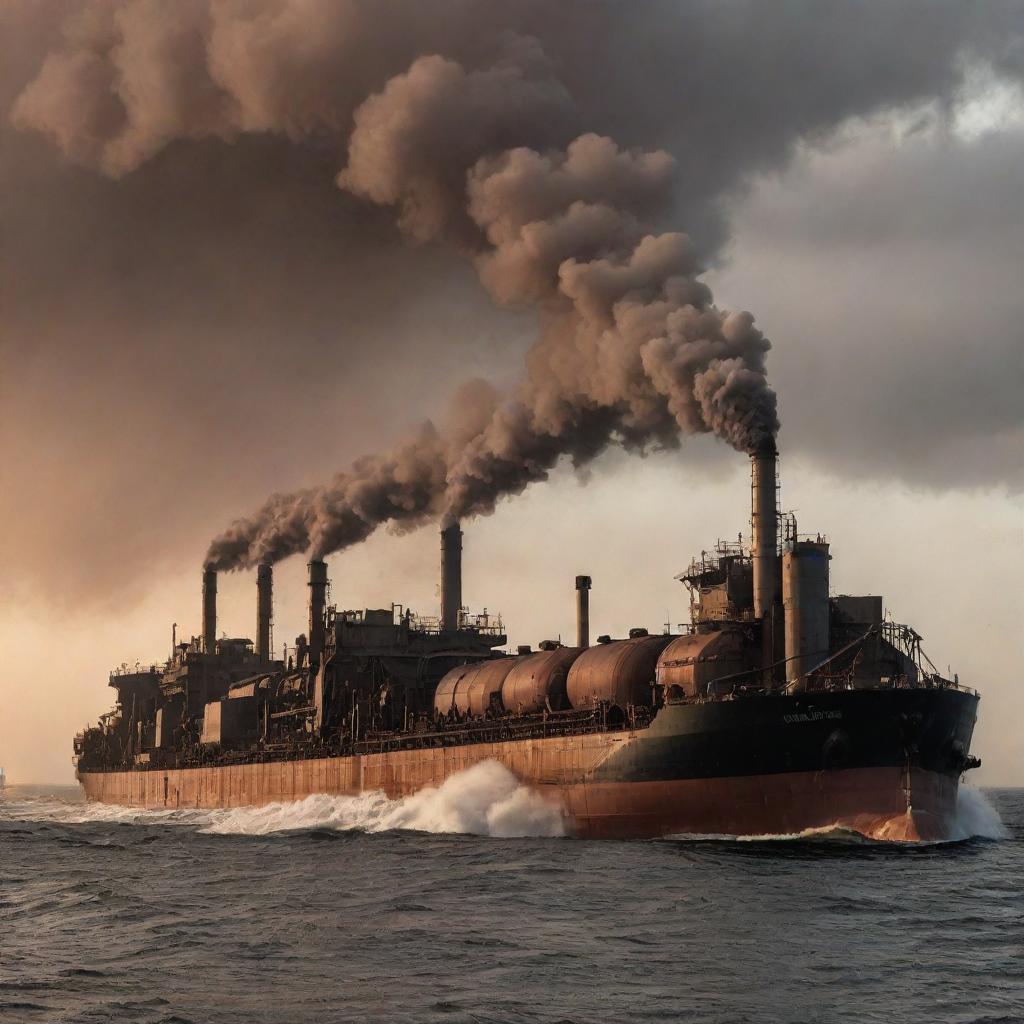 A massive factorypunk tanker, laden with bulky machinery, incessant conveyor belts, and spewing smoke stacks, cruising through a darkened sea under a rust-tinted, smoke-filled sky.