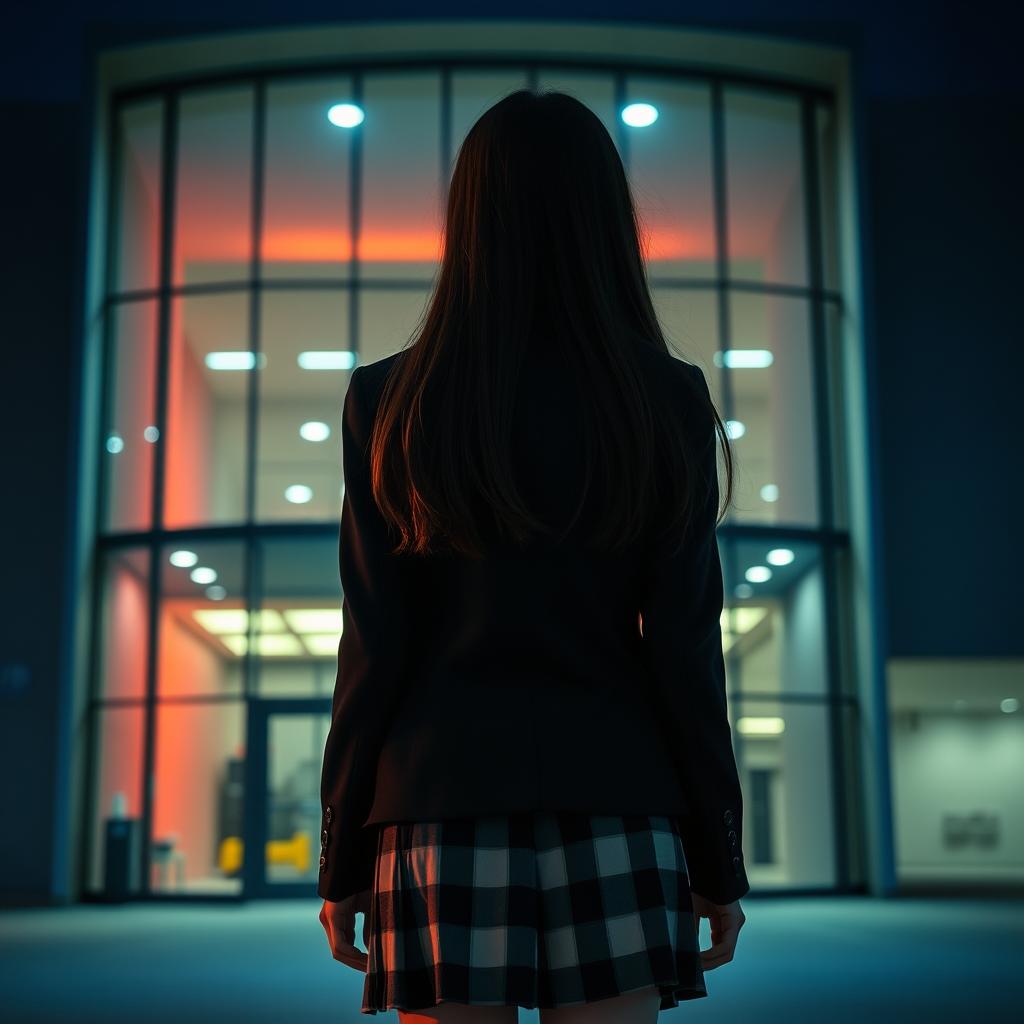 An Asian schoolgirl standing at a distance with her back facing the viewer, in front of a sleek and modern school building that features large glass windows and contemporary design elements typical of a K-drama setting