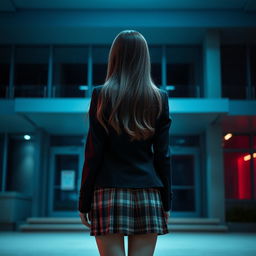 An Asian schoolgirl standing at a distance with her back facing the viewer, in front of a sleek and modern school building that features large glass windows and contemporary design elements typical of a K-drama setting