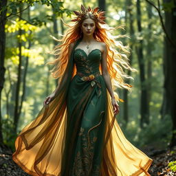 A female earth genasi, radiating a serene presence, wearing an elegant dress inspired by nature