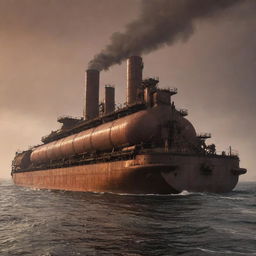 A massive factorypunk tanker, laden with bulky machinery, incessant conveyor belts, and spewing smoke stacks, cruising through a darkened sea under a rust-tinted, smoke-filled sky.