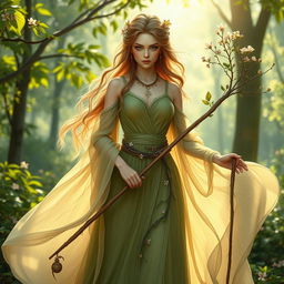 A female earth genasi exuding an aura of tranquility, adorned in a nature-inspired elegant dress that flows gracefully around her